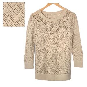 Pointelle 3/4 Sleeve Crew Neck Sweater Size Small Neutral Tan Loose Knit